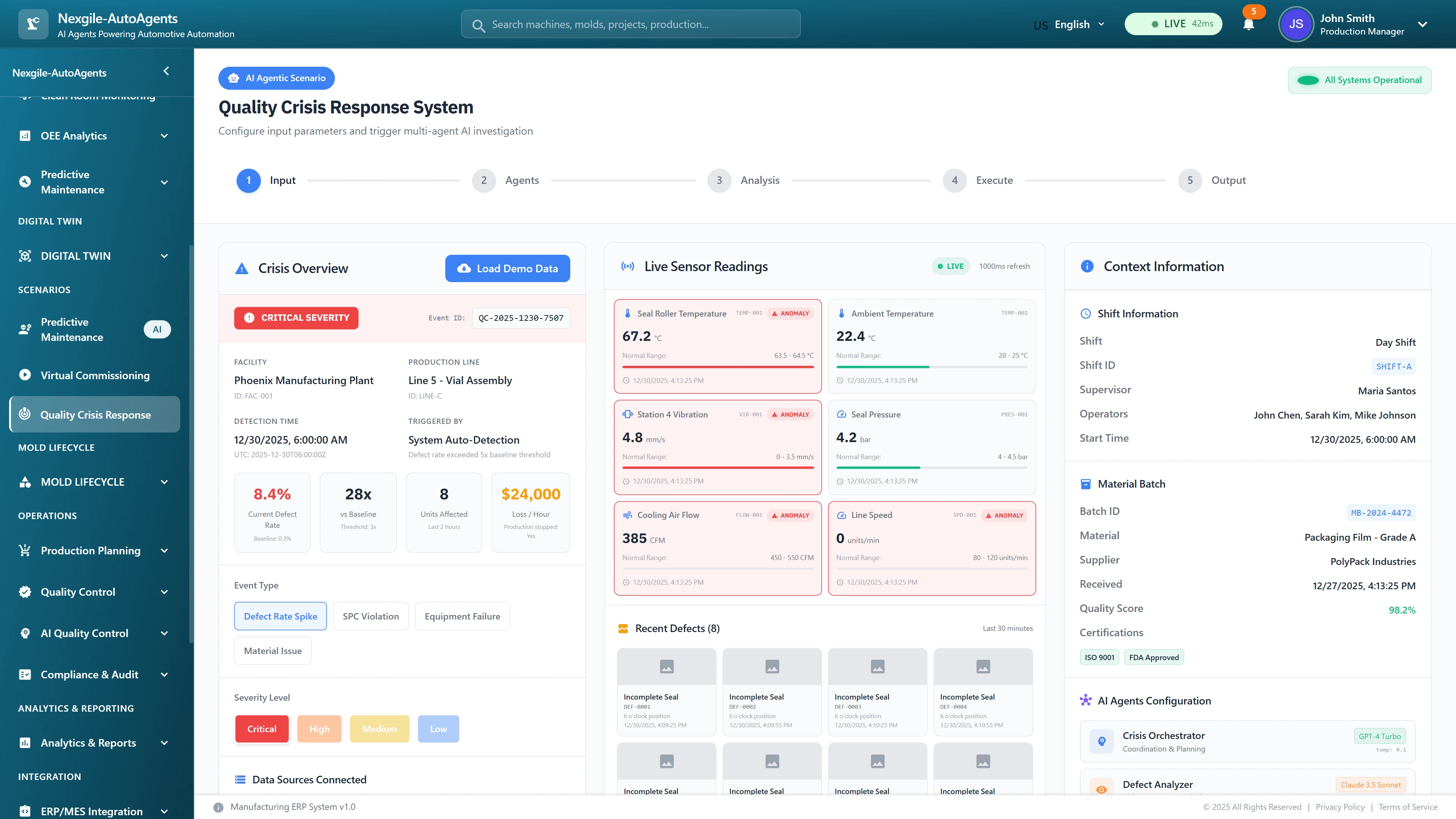 Illustrative preview (sample data, not verified outcomes): Crisis response input screen displaying critical quality event details (8.4% defect rate spike, 28x baseline), live sensor telemetry with anomaly indicators, recent defect imagery, shift/batch context, and 8-agent configuration for rapid investigation