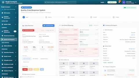 Illustrative preview (sample data, not verified outcomes): Crisis response input screen displaying critical quality event details (8.4% defect rate spike, 28x baseline), live sensor telemetry with anomaly indicators, recent defect imagery, shift/batch context, and 8-agent configuration for rapid investigation