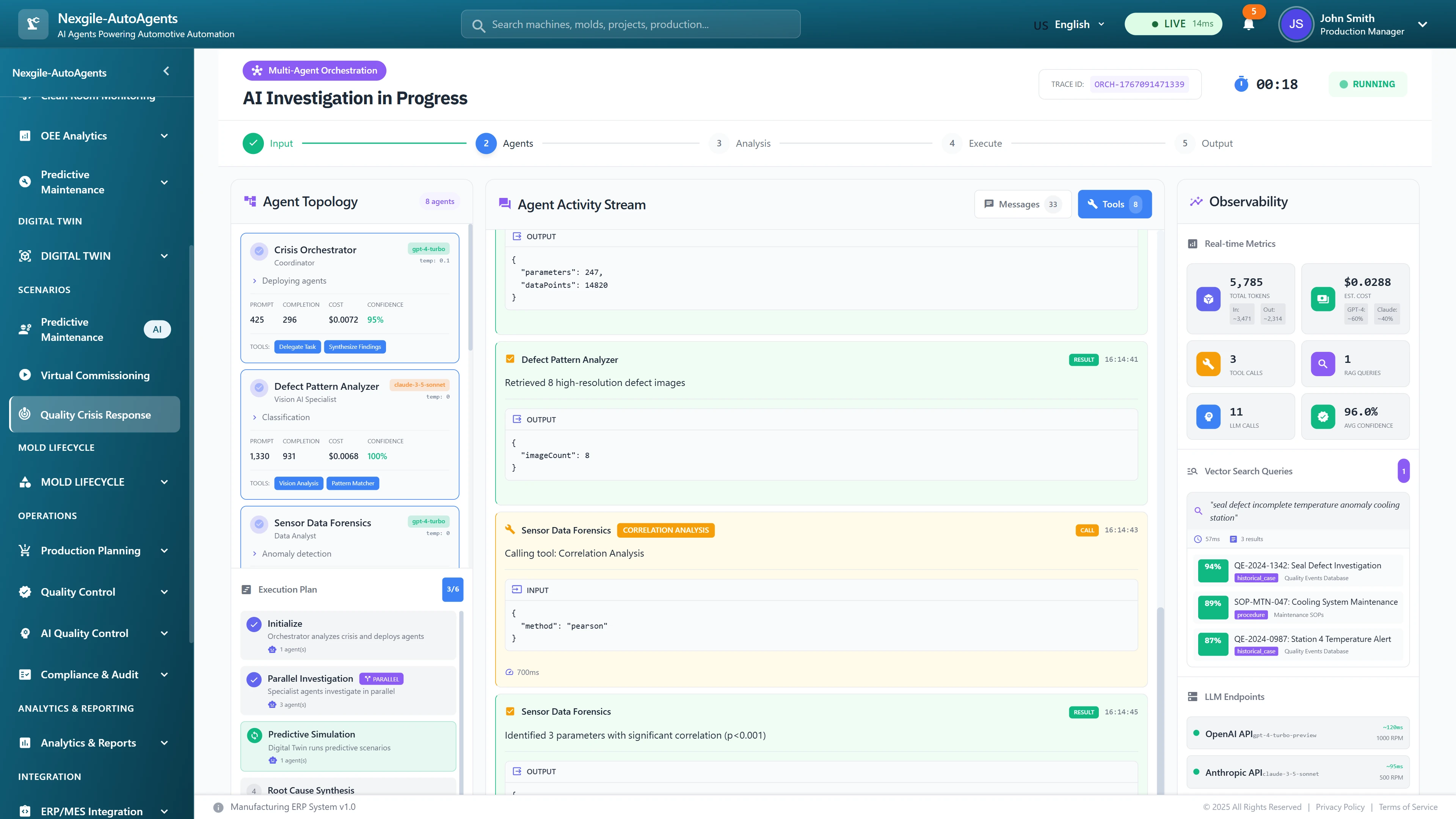 Illustrative preview (sample data, not verified outcomes): Multi-agent investigation in progress showing 8-agent topology with real-time execution status, agent activity streams displaying defect pattern analysis and sensor correlation, and observability metrics tracking API costs and performance