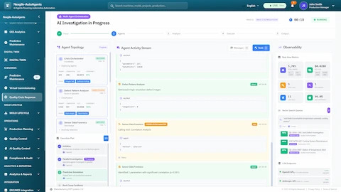 Illustrative preview (sample data, not verified outcomes): Multi-agent investigation in progress showing 8-agent topology with real-time execution status, agent activity streams displaying defect pattern analysis and sensor correlation, and observability metrics tracking API costs and performance