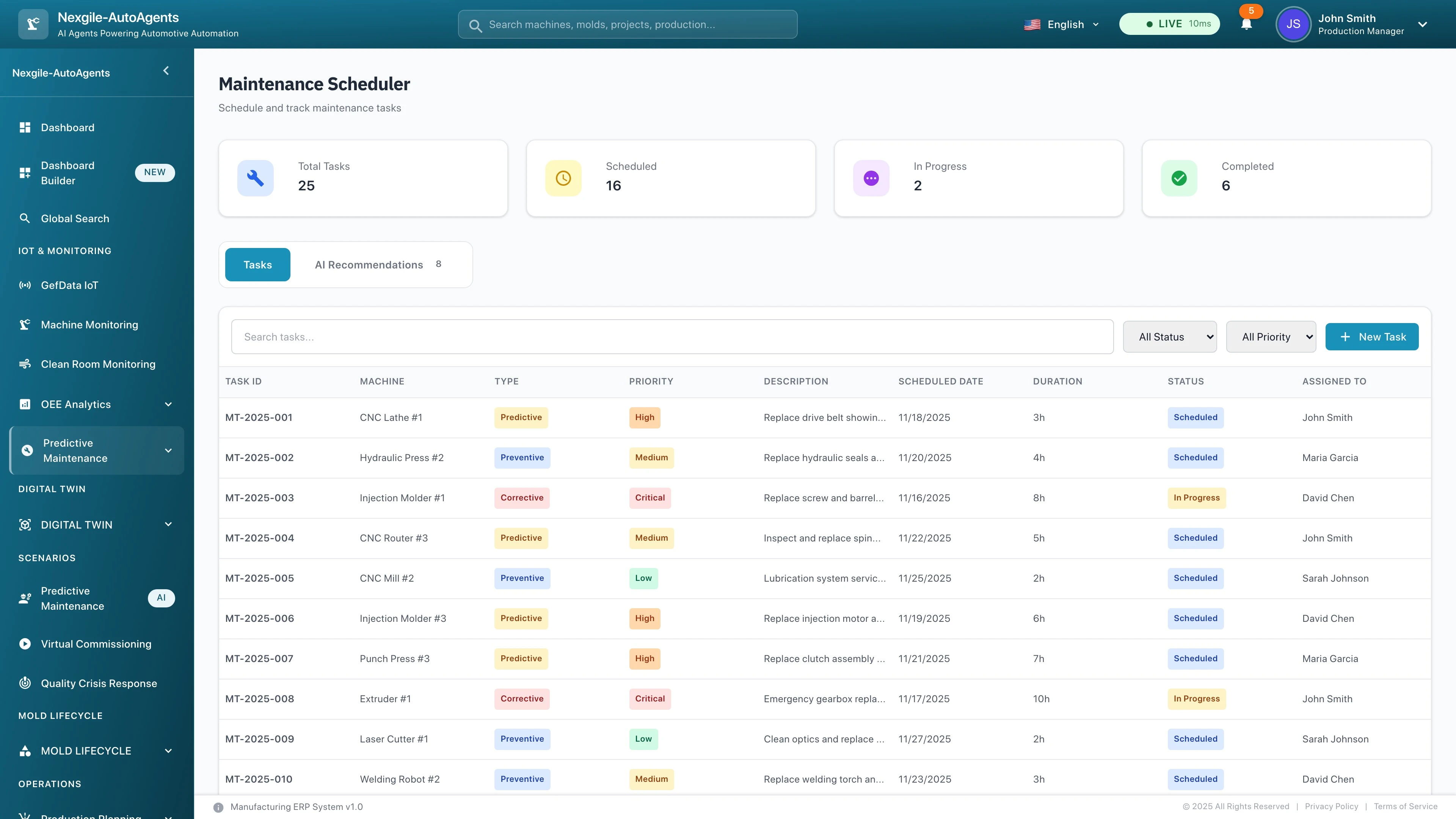 Illustrative preview (sample data, not verified outcomes): Maintenance Scheduler interface displaying predictive, preventive, and corrective maintenance tasks with priority-based categorization, real-time status tracking, assigned technicians, and AI-powered maintenance recommendations