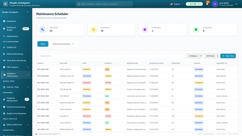 Illustrative preview (sample data, not verified outcomes): Maintenance Scheduler interface displaying predictive, preventive, and corrective maintenance tasks with priority-based categorization, real-time status tracking, assigned technicians, and AI-powered maintenance recommendations