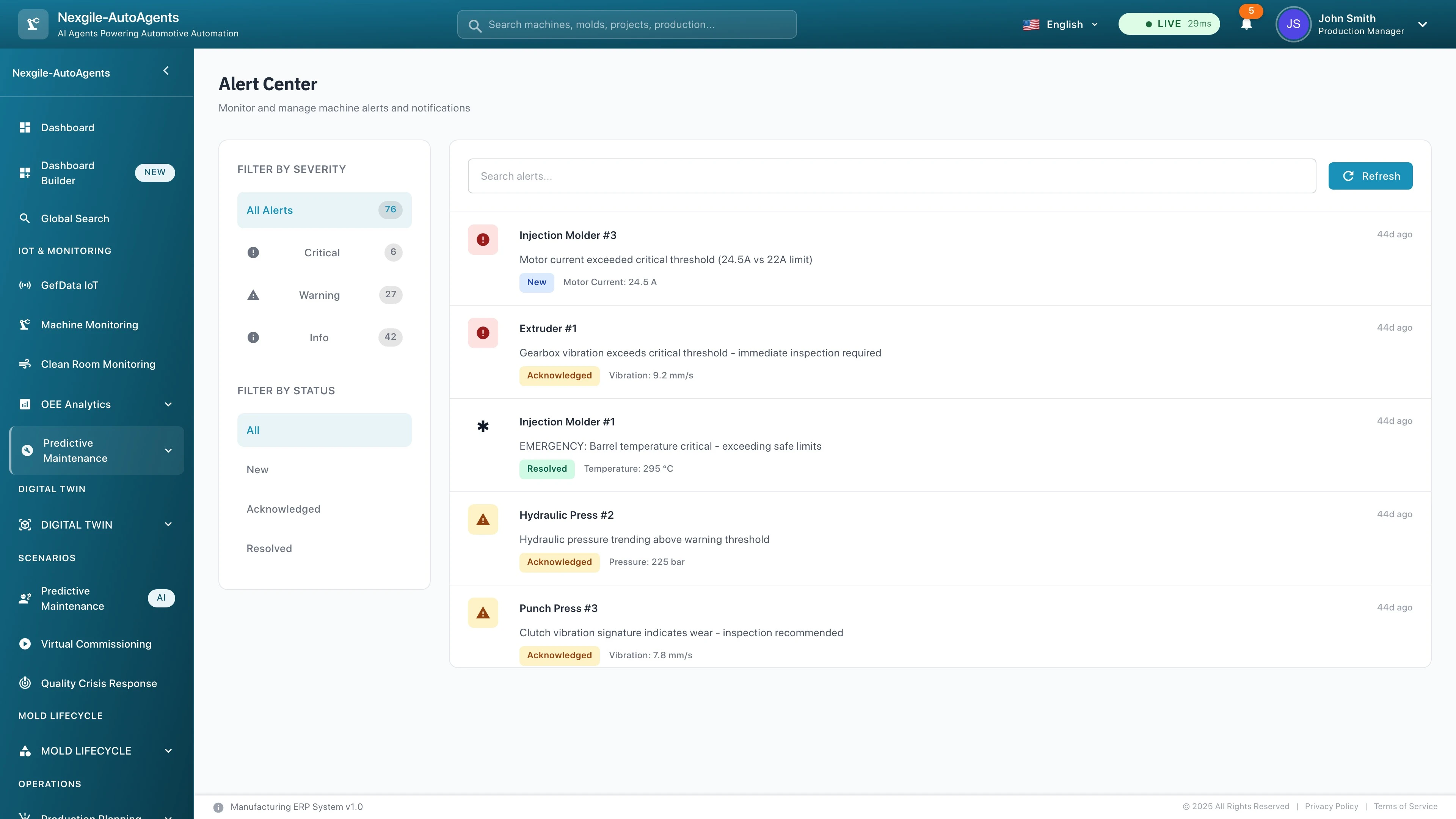 Illustrative preview (sample data, not verified outcomes): Alert Center dashboard showing real-time machine alerts with severity filtering (Critical, Warning, Info), live sensor readings, alert acknowledgment workflow, and automated notification management for equipment monitoring