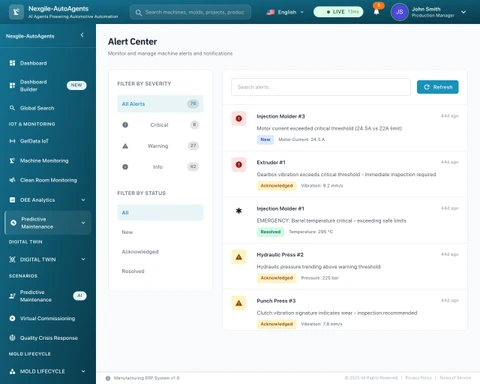 Illustrative preview (sample data, not verified outcomes): Alert Center dashboard showing real-time machine alerts with severity filtering (Critical, Warning, Info), live sensor readings, alert acknowledgment workflow, and automated notification management for equipment monitoring