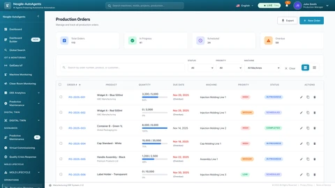 Illustrative preview (sample data, not verified outcomes): Production Orders management interface featuring comprehensive order tracking with quantity progress bars, due date monitoring, machine assignment, multi-level priority flags, and real-time production status updates across manufacturing lines