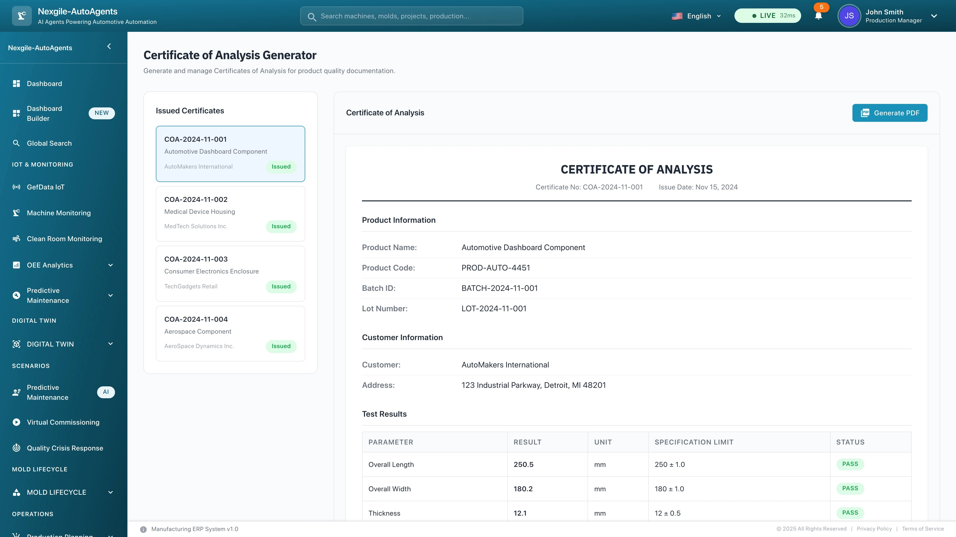Illustrative preview (sample data, not verified outcomes): Certificate of Analysis Generator displaying automated quality documentation system with product specifications, dimensional test results, compliance validation against specification limits, and PDF export capabilities for regulatory reporting