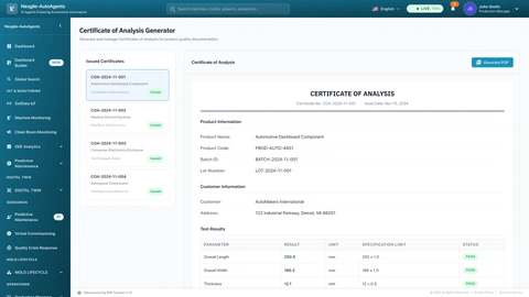 Illustrative preview (sample data, not verified outcomes): Certificate of Analysis Generator displaying automated quality documentation system with product specifications, dimensional test results, compliance validation against specification limits, and PDF export capabilities for regulatory reporting