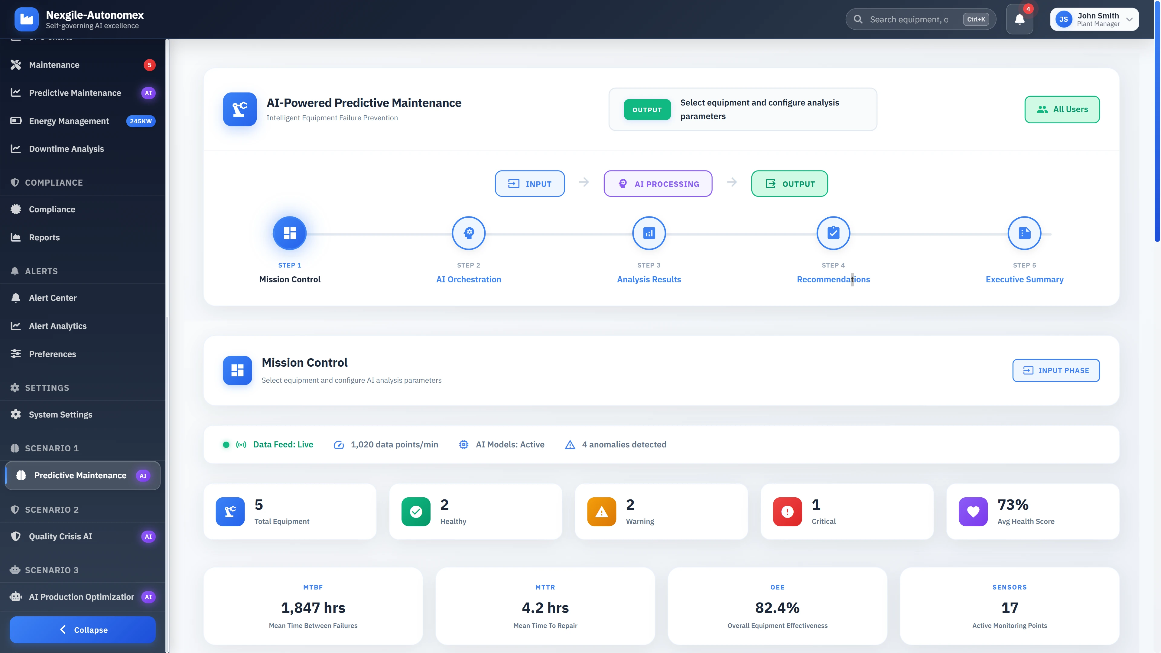 Illustrative preview (sample data, not verified outcomes): Mission Control dashboard displaying equipment health monitoring with real-time OEE metrics and sensor tracking
