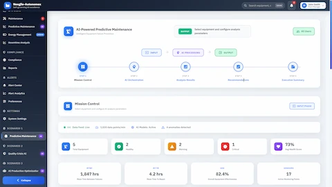 Illustrative preview (sample data, not verified outcomes): Mission Control dashboard displaying equipment health monitoring with real-time OEE metrics and sensor tracking