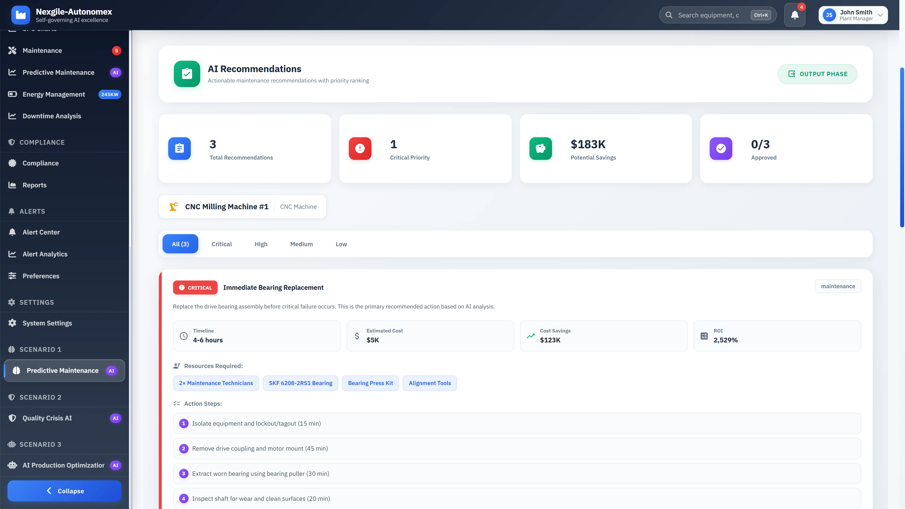 Illustrative preview (sample data, not verified outcomes): AI-generated maintenance recommendations with detailed cost-benefit analysis and step-by-step action plans