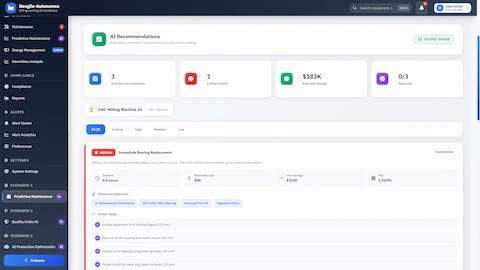 Illustrative preview (sample data, not verified outcomes): AI-generated maintenance recommendations with detailed cost-benefit analysis and step-by-step action plans