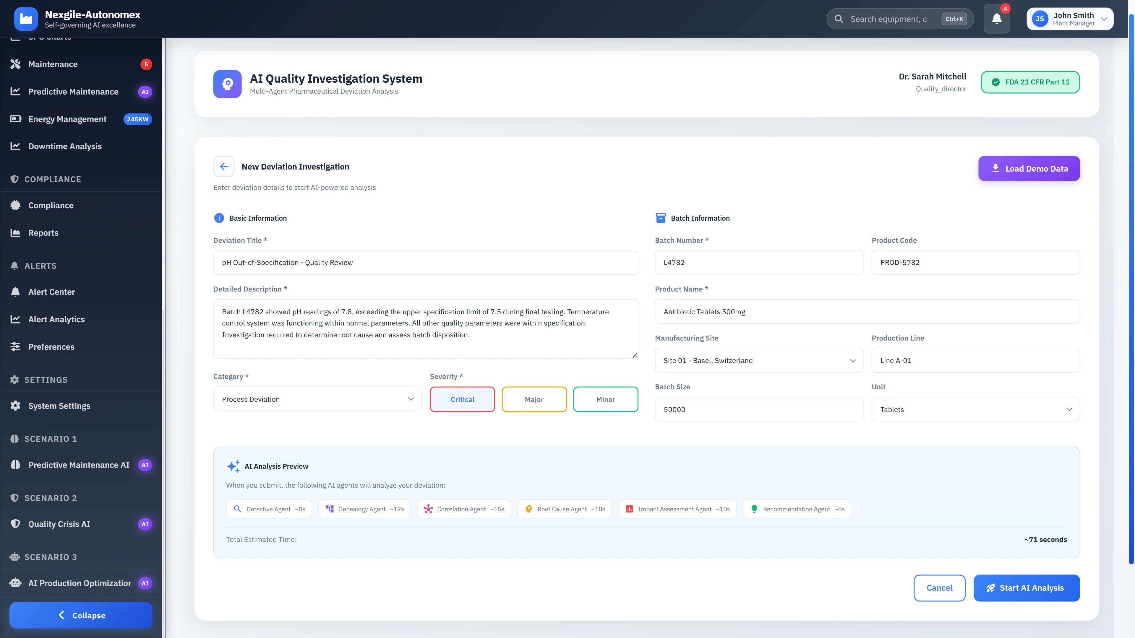 Illustrative preview (sample data, not verified outcomes): Deviation investigation intake form with pharmaceutical batch details and AI agent analysis preview