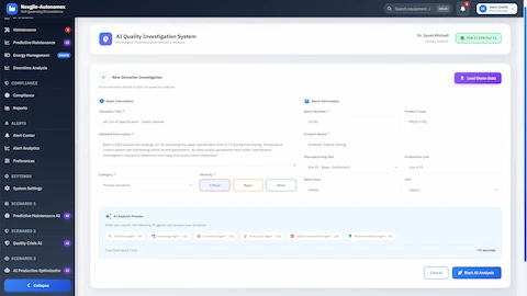 Illustrative preview (sample data, not verified outcomes): Deviation investigation intake form with pharmaceutical batch details and AI agent analysis preview