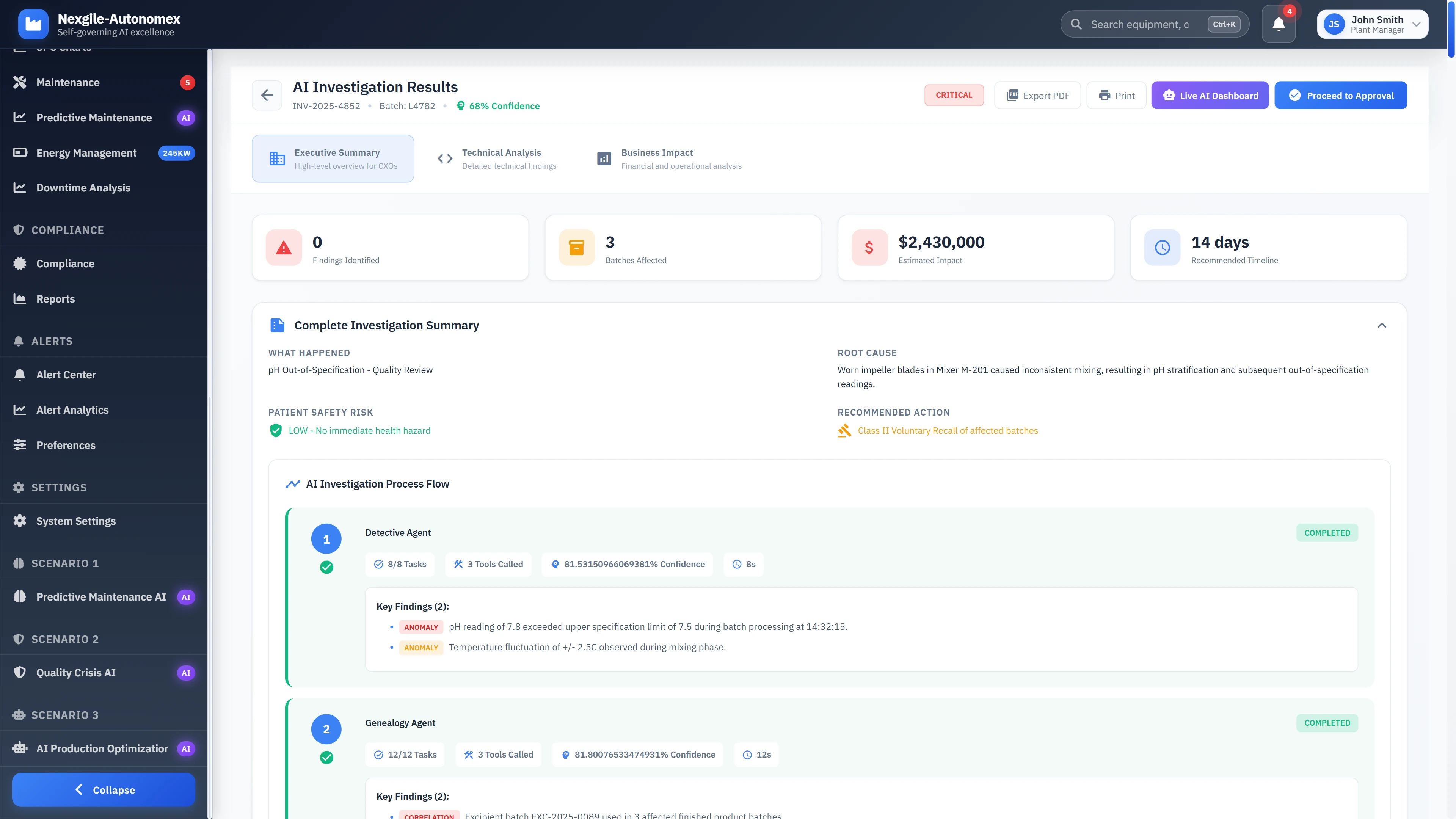 Illustrative preview (sample data, not verified outcomes): Comprehensive investigation results with root cause analysis, batch impact assessment, and regulatory compliance tracking