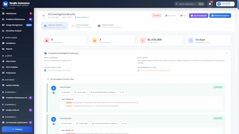 Illustrative preview (sample data, not verified outcomes): Comprehensive investigation results with root cause analysis, batch impact assessment, and regulatory compliance tracking