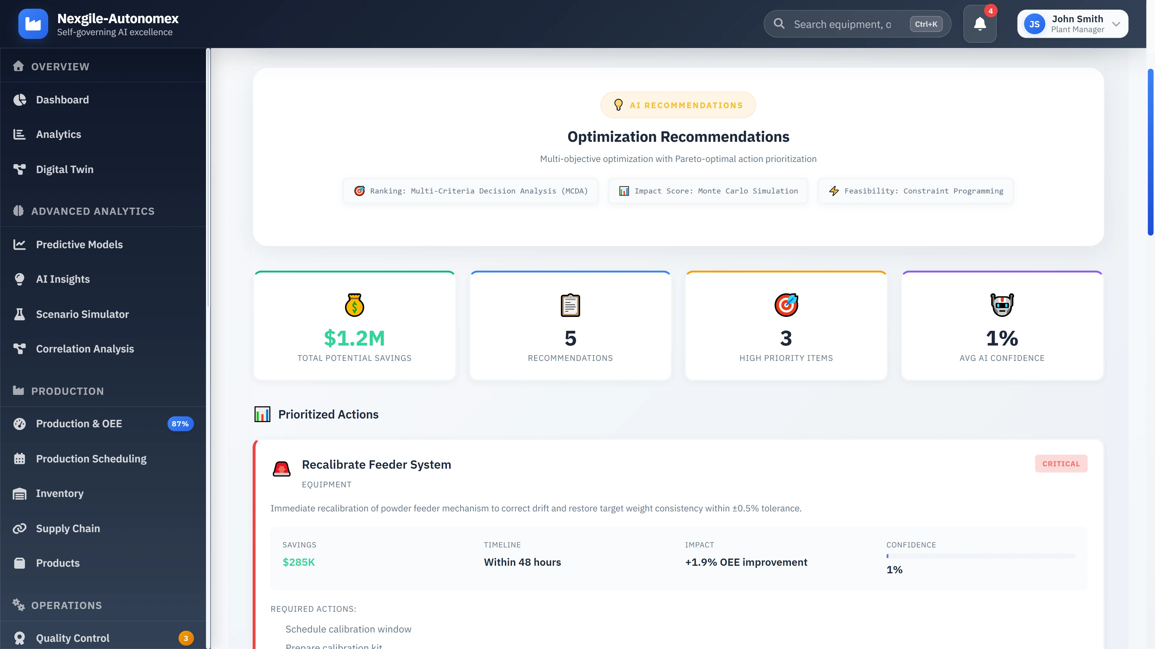 Illustrative preview (sample data, not verified outcomes): Optimization recommendations with Pareto-optimal prioritization showing $1.2M potential savings