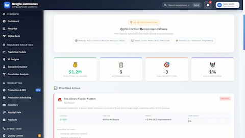 Illustrative preview (sample data, not verified outcomes): Optimization recommendations with Pareto-optimal prioritization showing $1.2M potential savings