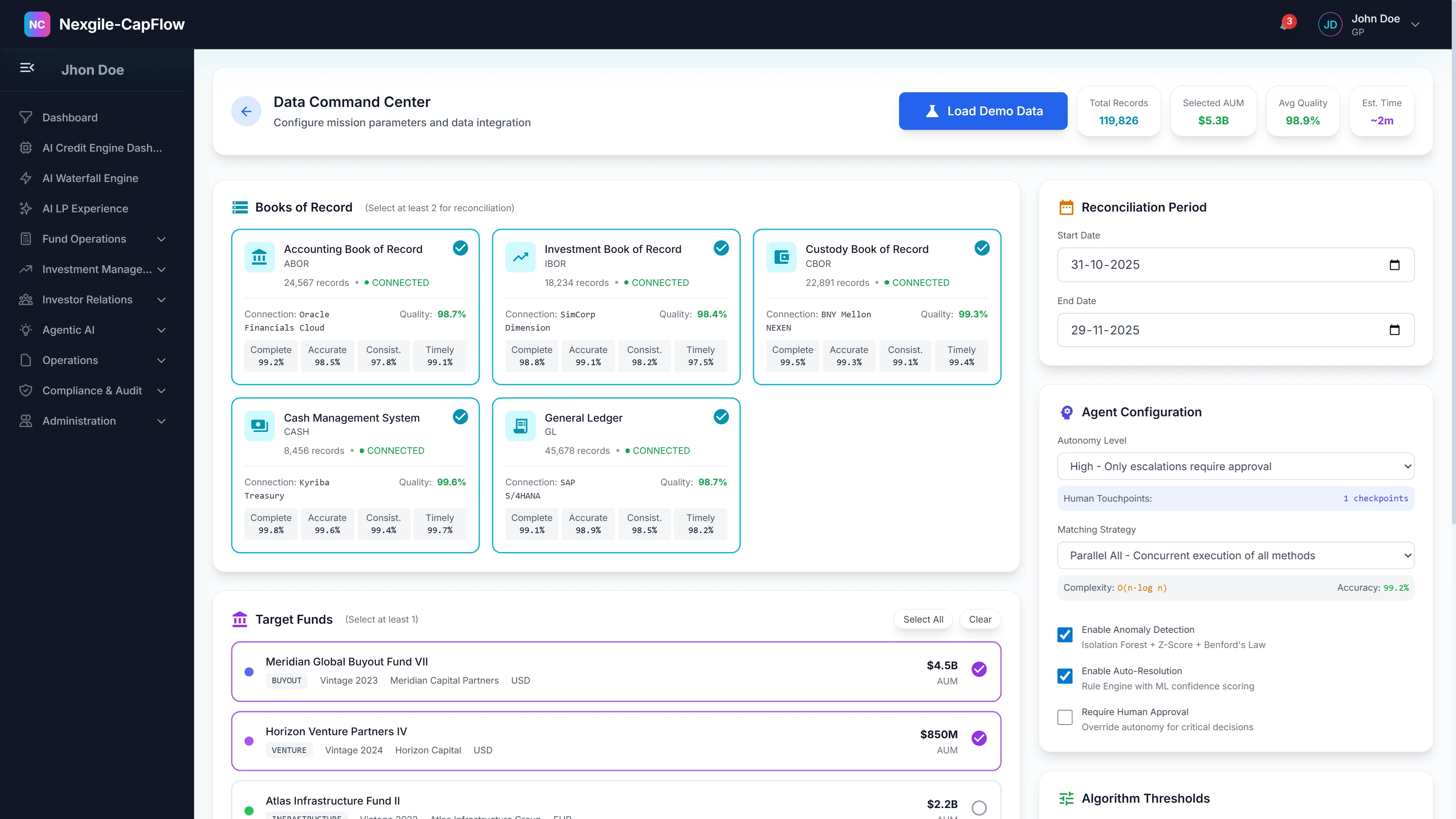 Illustrative preview (sample data, not verified outcomes): Data Command Center - Multi-agent orchestration dashboard displaying Books of Record management, reconciliation periods, target funds, and agent configuration with real-time reconciliation status and algorithm thresholds