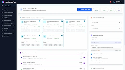 Illustrative preview (sample data, not verified outcomes): Data Command Center - Multi-agent orchestration dashboard displaying Books of Record management, reconciliation periods, target funds, and agent configuration with real-time reconciliation status and algorithm thresholds