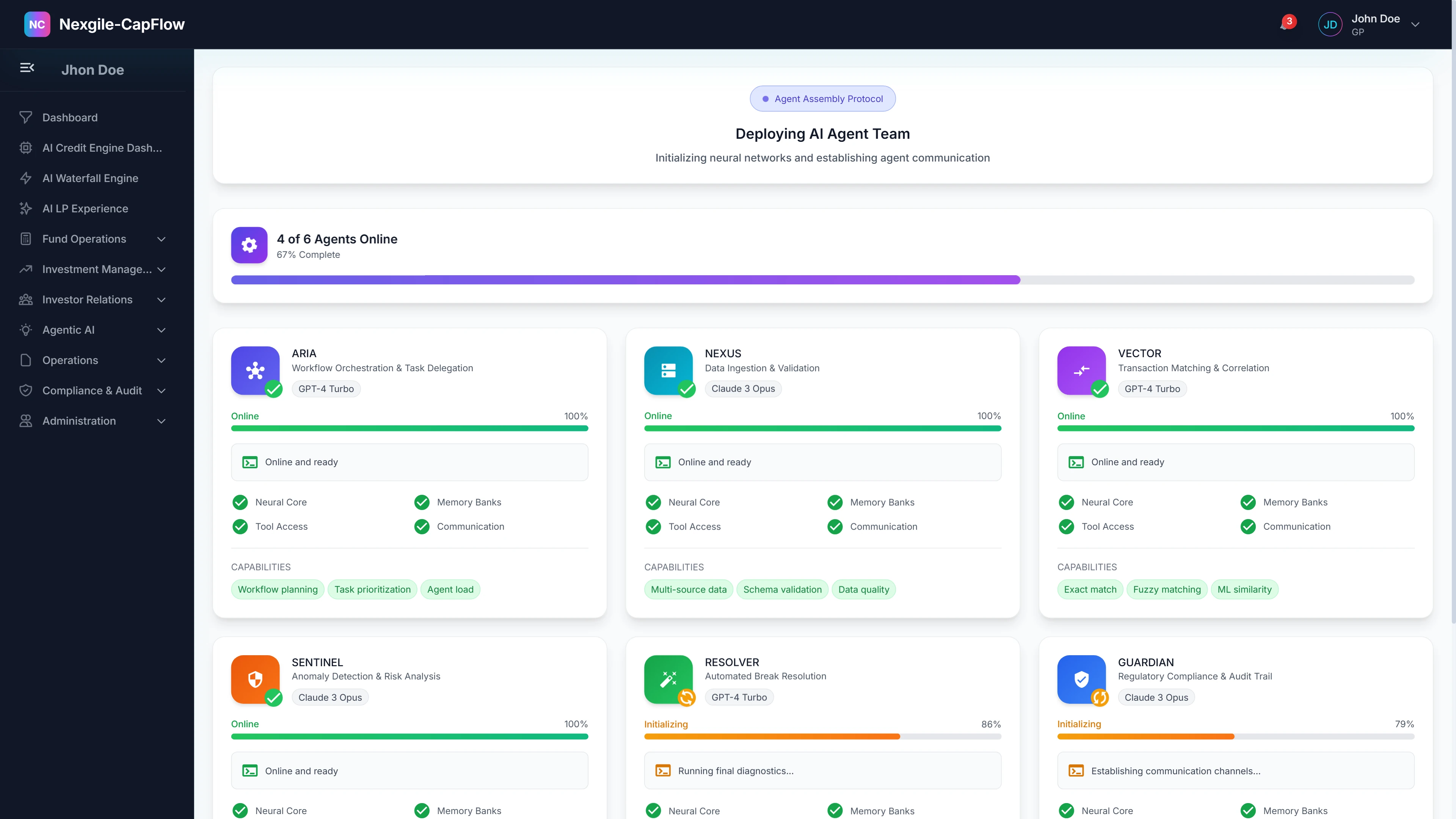Illustrative preview (sample data, not verified outcomes): Deploying AI Agent Team - Agent deployment status interface displaying deployment progress for all 6 specialized agents (ARIA, NEXUS, VECTOR, SENTINEL, RESOLVER, GUARDIAN) with status indicators, online status, anomaly detection, and communication checks