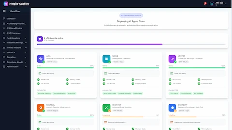 Illustrative preview (sample data, not verified outcomes): Deploying AI Agent Team - Agent deployment status interface displaying deployment progress for all 6 specialized agents (ARIA, NEXUS, VECTOR, SENTINEL, RESOLVER, GUARDIAN) with status indicators, online status, anomaly detection, and communication checks