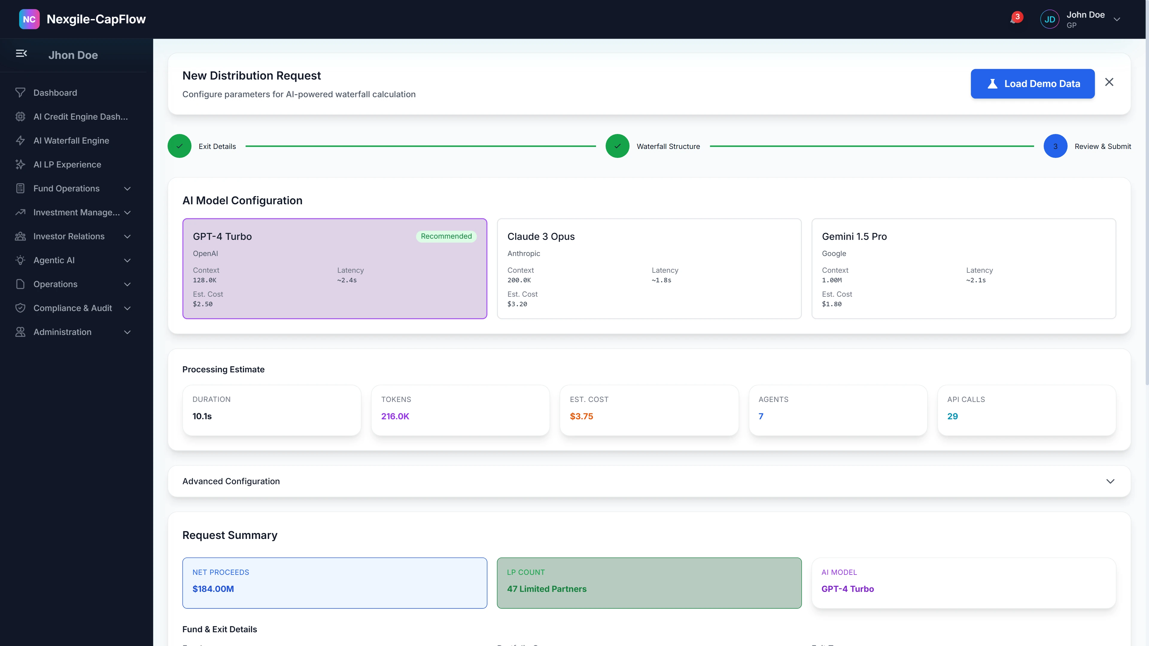 Illustrative preview (sample data, not verified outcomes): New Distribution Request - Multi-step workflow wizard for configuring AI-powered waterfall calculation parameters including exit details, waterfall structure, AI model configuration (GPT-4 Turbo, Claude 3 Opus, Gemini 1.5 Pro), processing estimates with duration, tokens, cost, and agent counts for 47 Limited Partners
