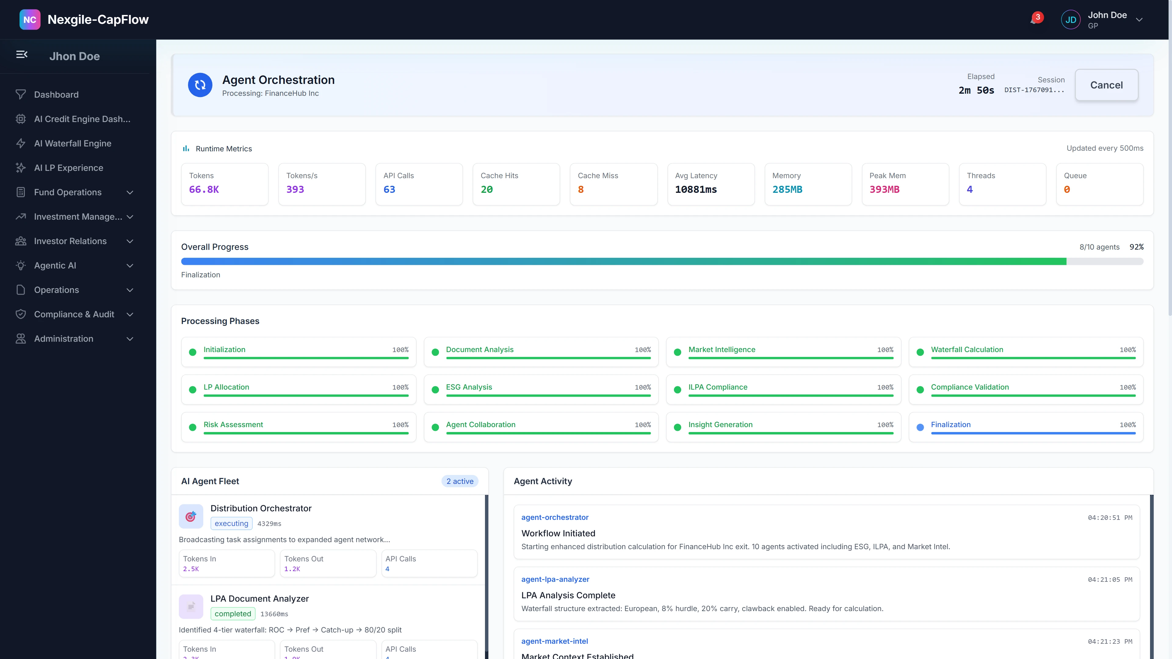 Illustrative preview (sample data, not verified outcomes): Agent Orchestration Dashboard - Real-time monitoring of the 9-phase distribution workflow showing workflow metrics, processing phases (Fund Analysis, Transaction Validation, Waterfall Calculation, Compliance Validation), agent fleet status, and activity feed with live agent task execution and timestamps