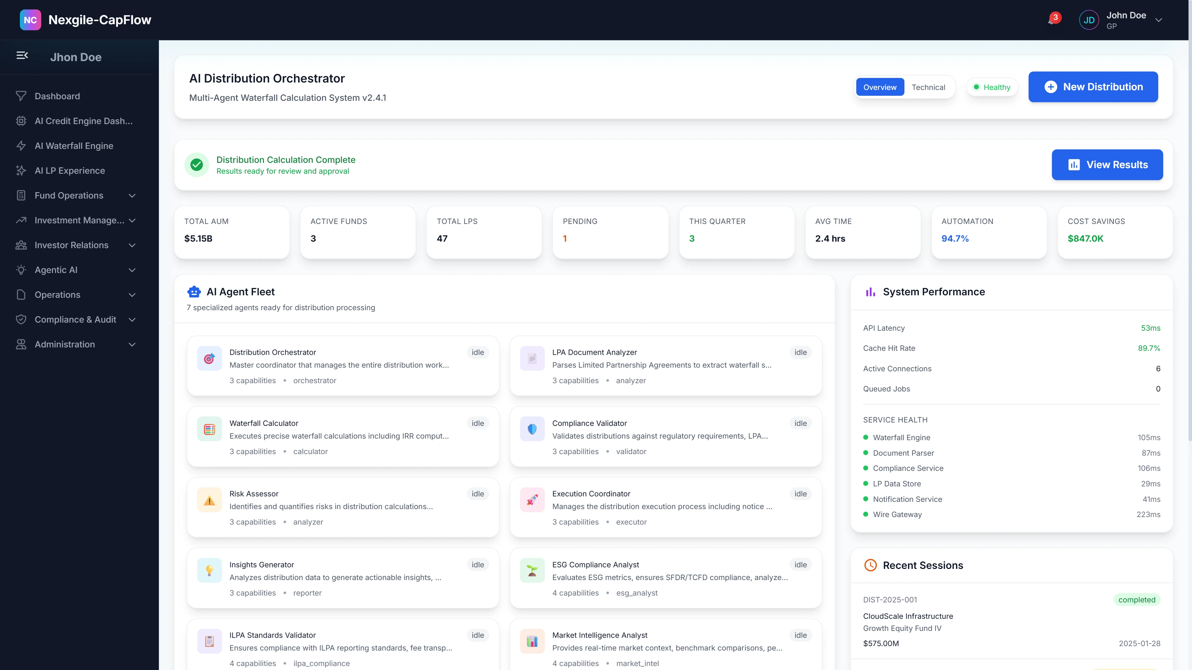 Illustrative preview (sample data, not verified outcomes): AI Distribution Orchestrator - Complete distribution workflow monitoring displaying tier allocations ($184M net proceeds across 47 LPs), AI agent fleet coordination, system performance metrics (P50/P95/P99 latencies, cache hit rate), recent sessions with execution times, and export capabilities for stakeholder reporting