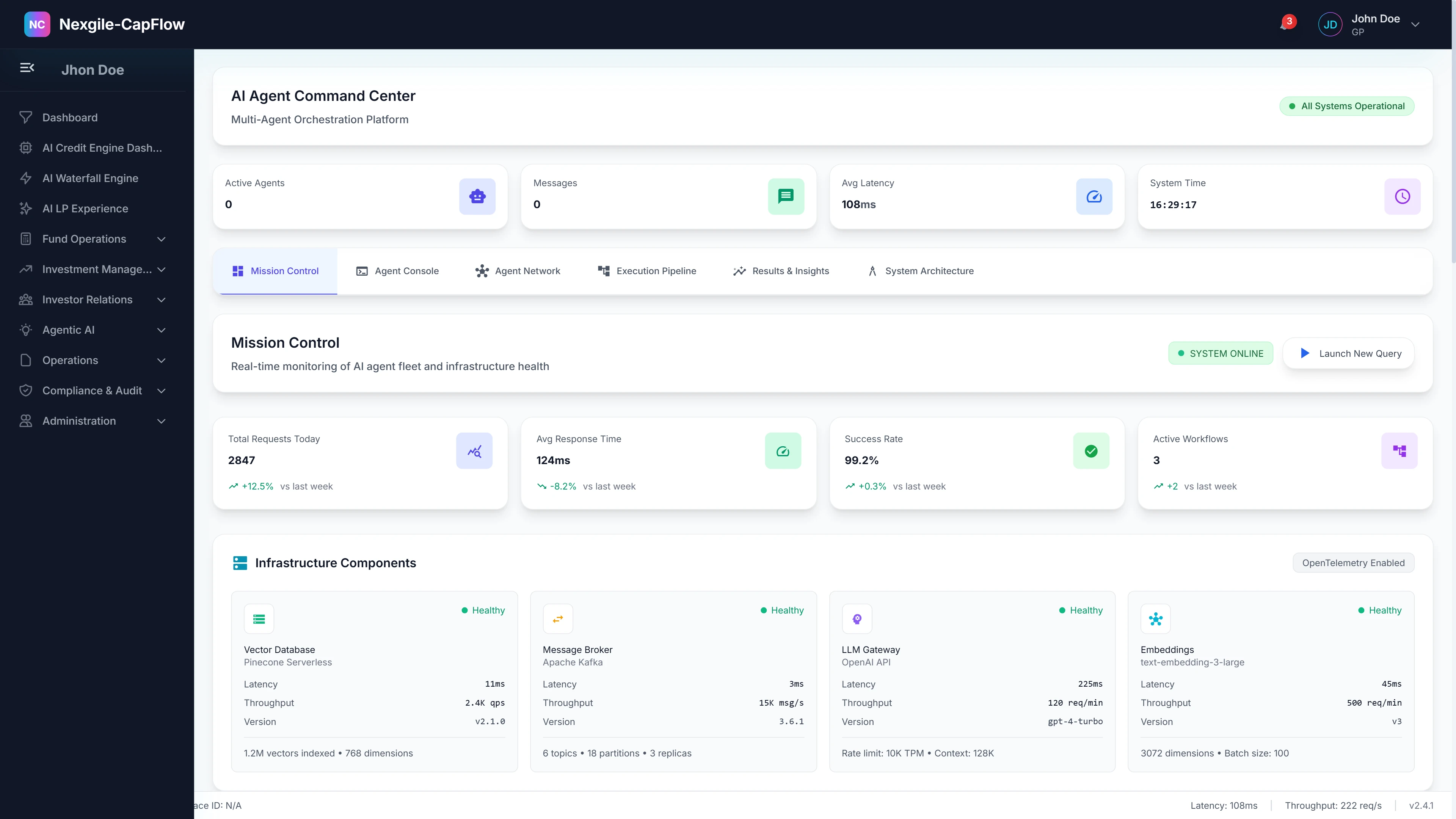Illustrative preview (sample data, not verified outcomes): AI Agent Command Center - Multi-agent orchestration platform showing Mission Control dashboard with active agents (11), messages (0), average latency (108ms), system time tracking, infrastructure components (Vector Database, Message Broker, LLM Gateway, Embeddings) with real-time health monitoring, latency metrics, throughput, and version information
