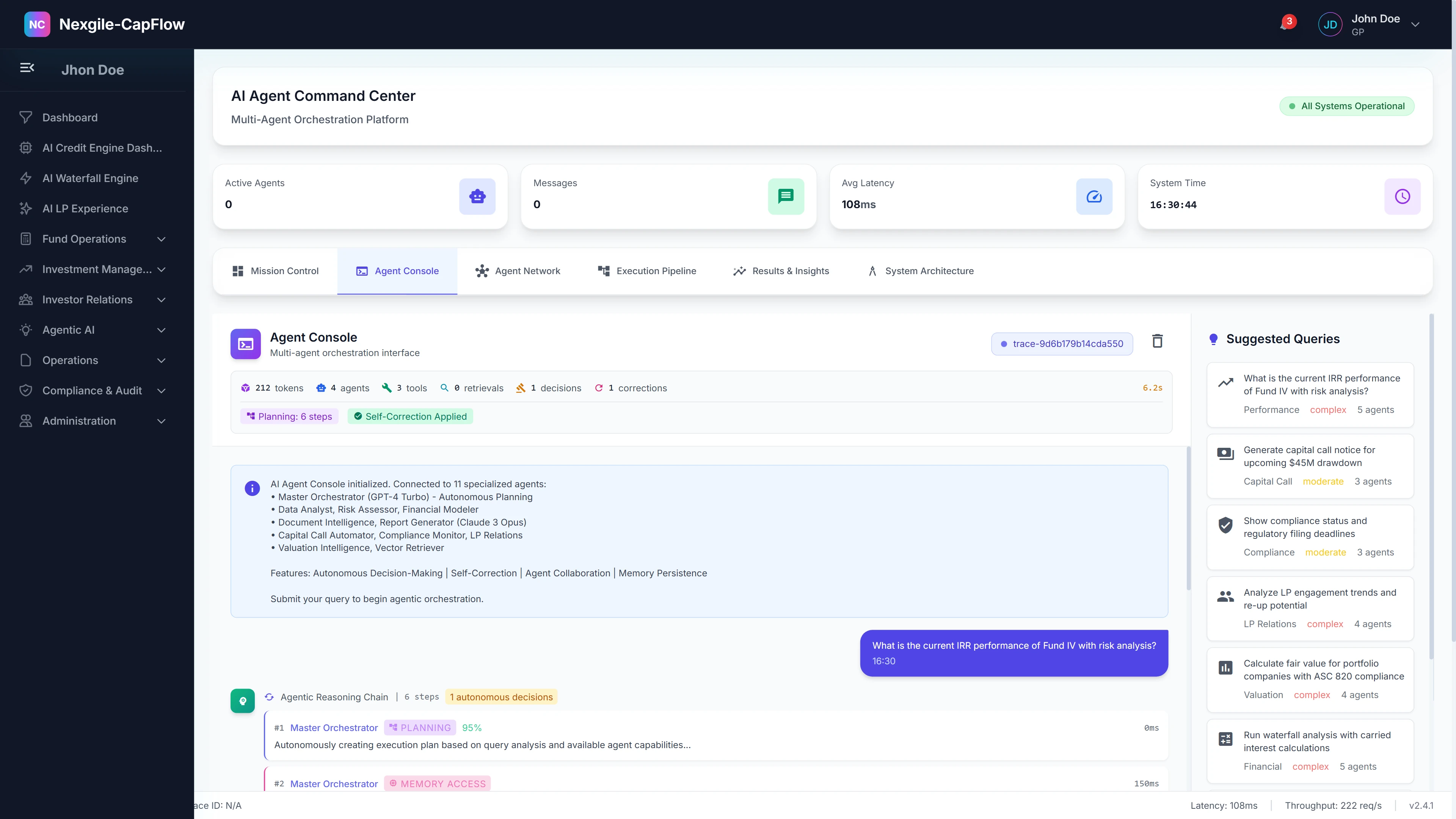 Illustrative preview (sample data, not verified outcomes): Agent Console - Natural language query processing interface displaying suggested queries, agent activity with NLP Query decomposition and execution workflow, system metrics (active agents, messages, system time), and agent collaboration capabilities for portfolio analytics and LP risk assessment