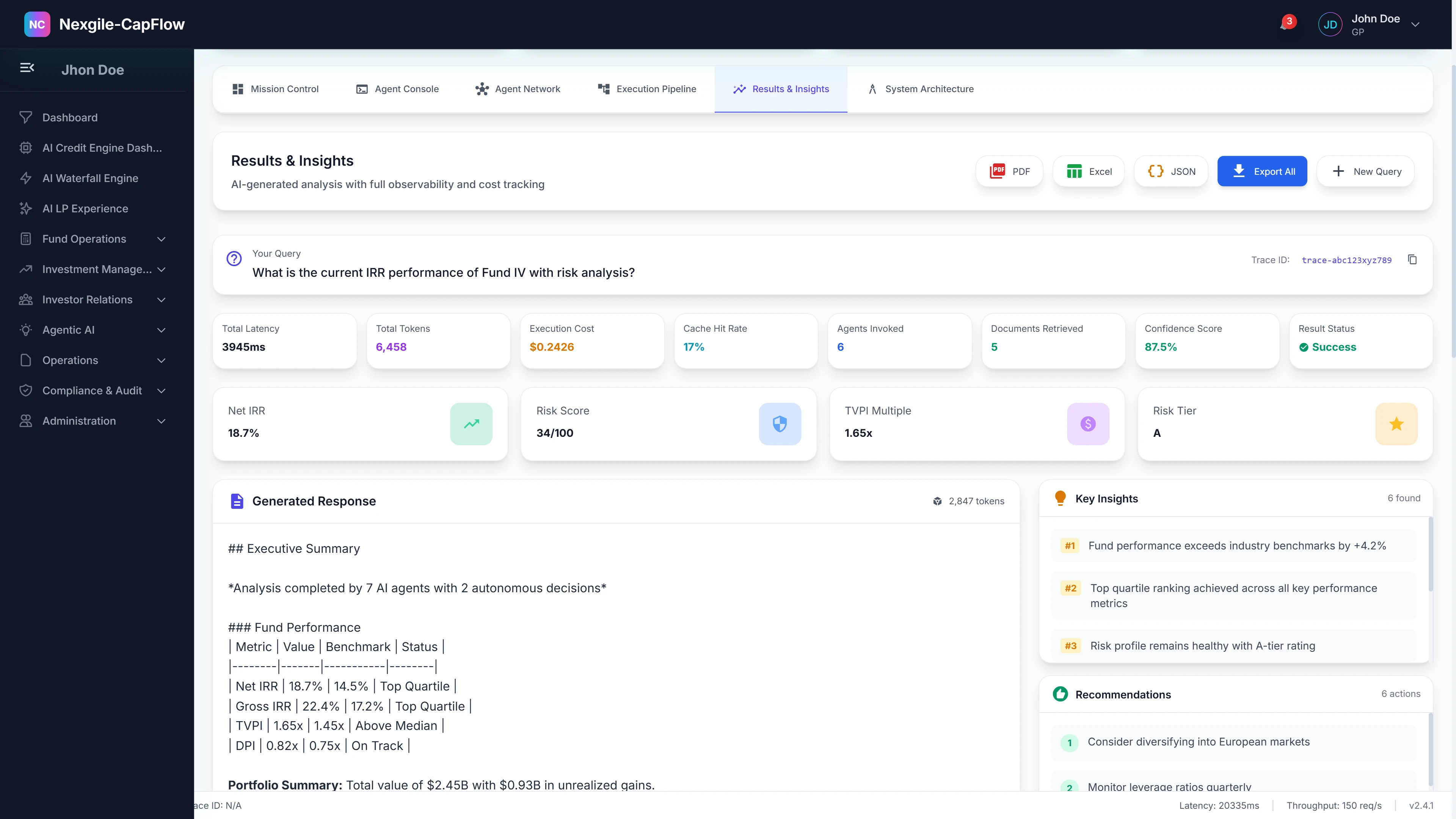 Illustrative preview (sample data, not verified outcomes): Results & Insights - Comprehensive portfolio analytics output displaying NLP query results with fund performance analysis (Net IRR 8.42%, Gross IRR 10.16%), quartile rankings, document response with AI-generated summaries, key insights including top performance drivers, ESG profile assessment, recommendations for portfolio optimization, and export capabilities