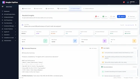 Illustrative preview (sample data, not verified outcomes): Results & Insights - Comprehensive portfolio analytics output displaying NLP query results with fund performance analysis (Net IRR 8.42%, Gross IRR 10.16%), quartile rankings, document response with AI-generated summaries, key insights including top performance drivers, ESG profile assessment, recommendations for portfolio optimization, and export capabilities