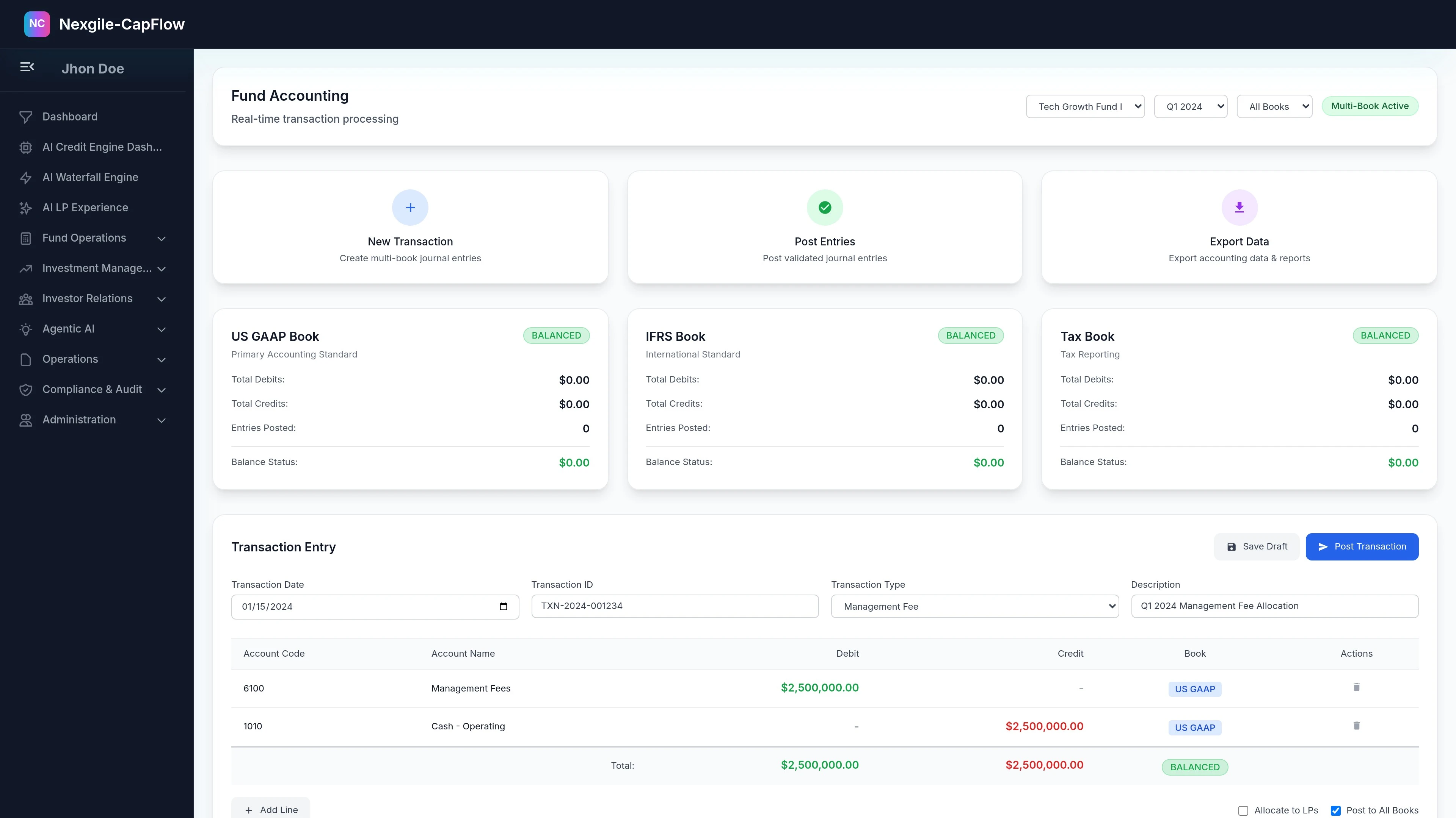 Illustrative preview (sample data, not verified outcomes): Fund Accounting - Event-driven accounting engine with unified transaction management