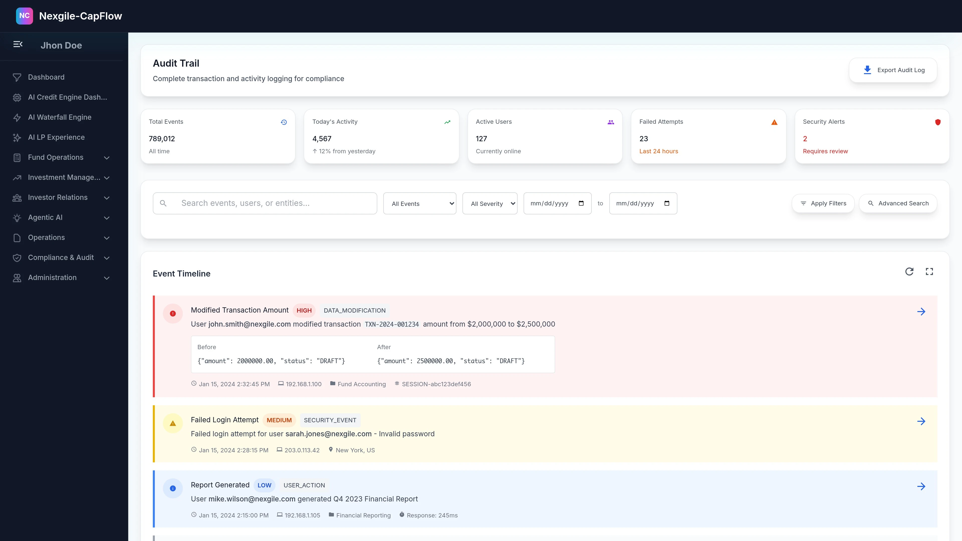 Illustrative preview (sample data, not verified outcomes): Audit Trail - Complete transaction and activity history