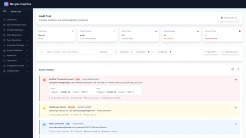 Illustrative preview (sample data, not verified outcomes): Audit Trail - Complete transaction and activity history