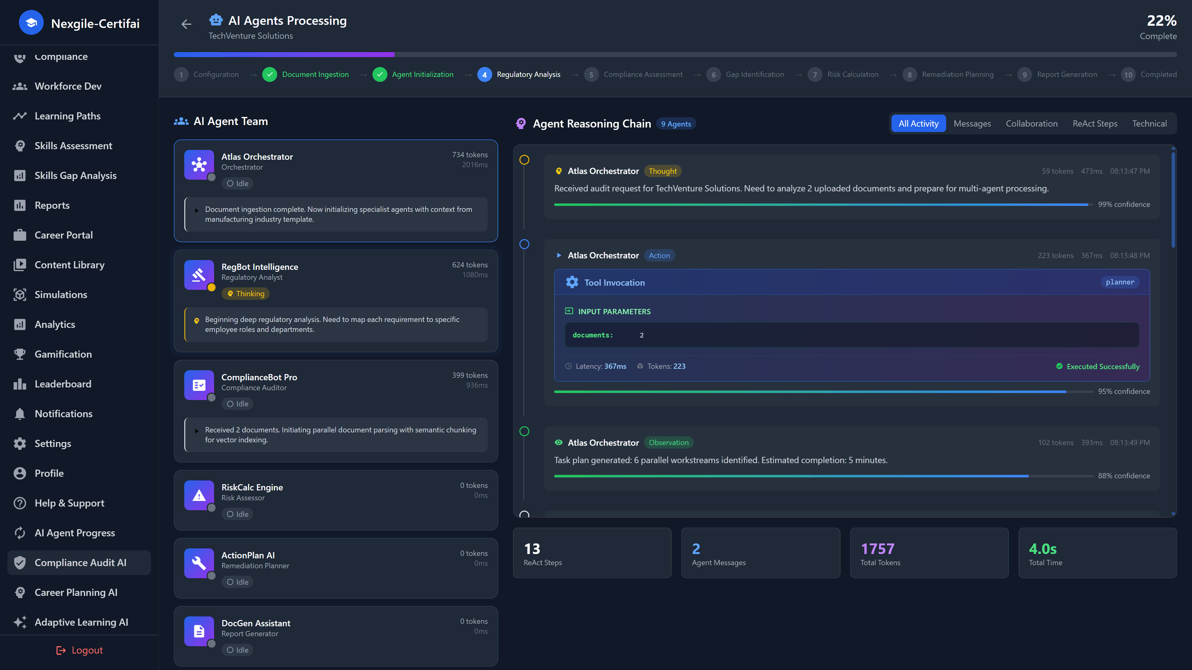 Illustrative preview (sample data, not verified outcomes): Multi-Agent Processing Dashboard - AI agents analyzing compliance with ReAct reasoning