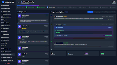 Illustrative preview (sample data, not verified outcomes): Multi-Agent Processing Dashboard - AI agents analyzing compliance with ReAct reasoning