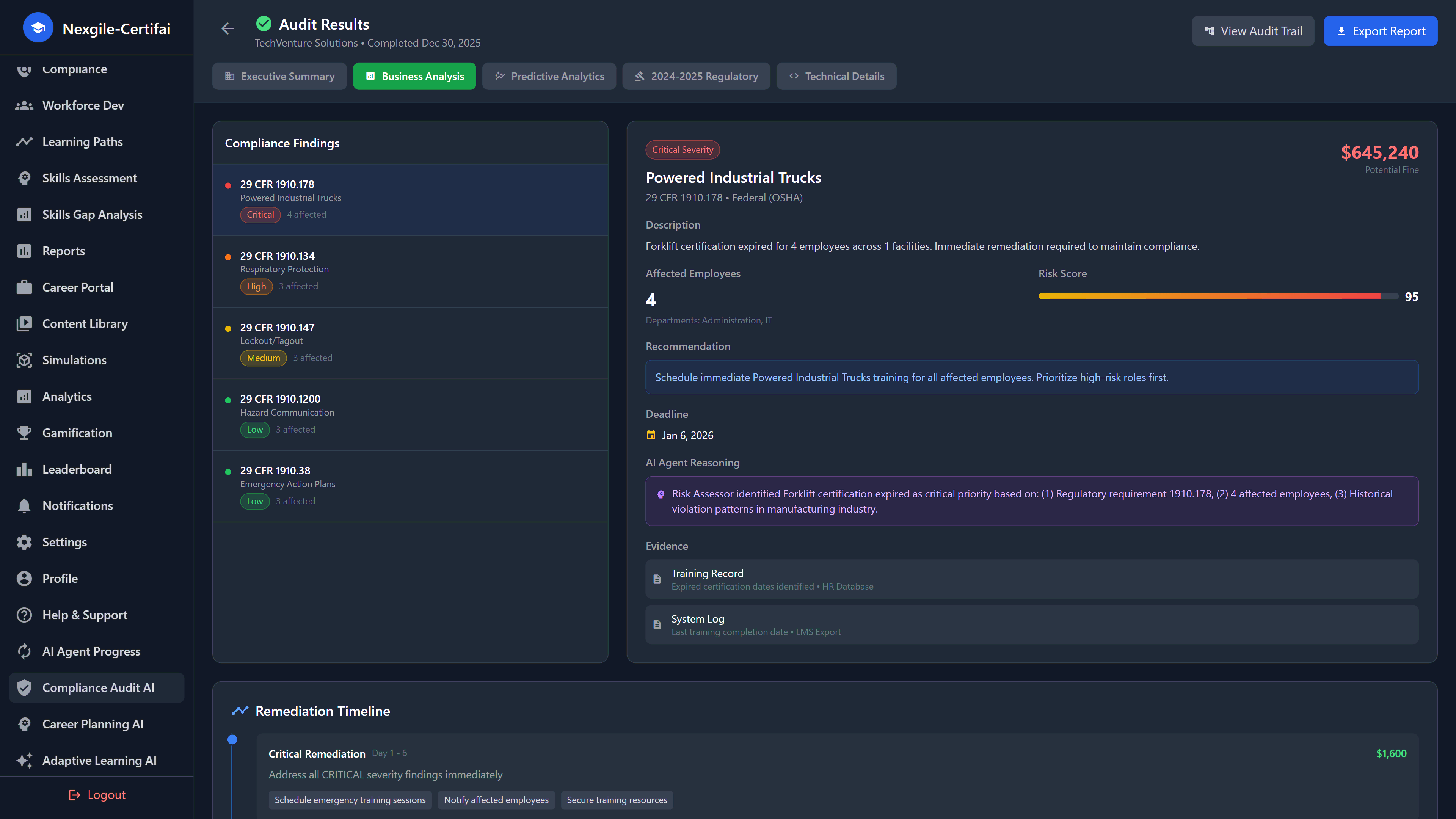 Illustrative preview (sample data, not verified outcomes): Business Analysis - Detailed OSHA compliance findings and remediation timeline
