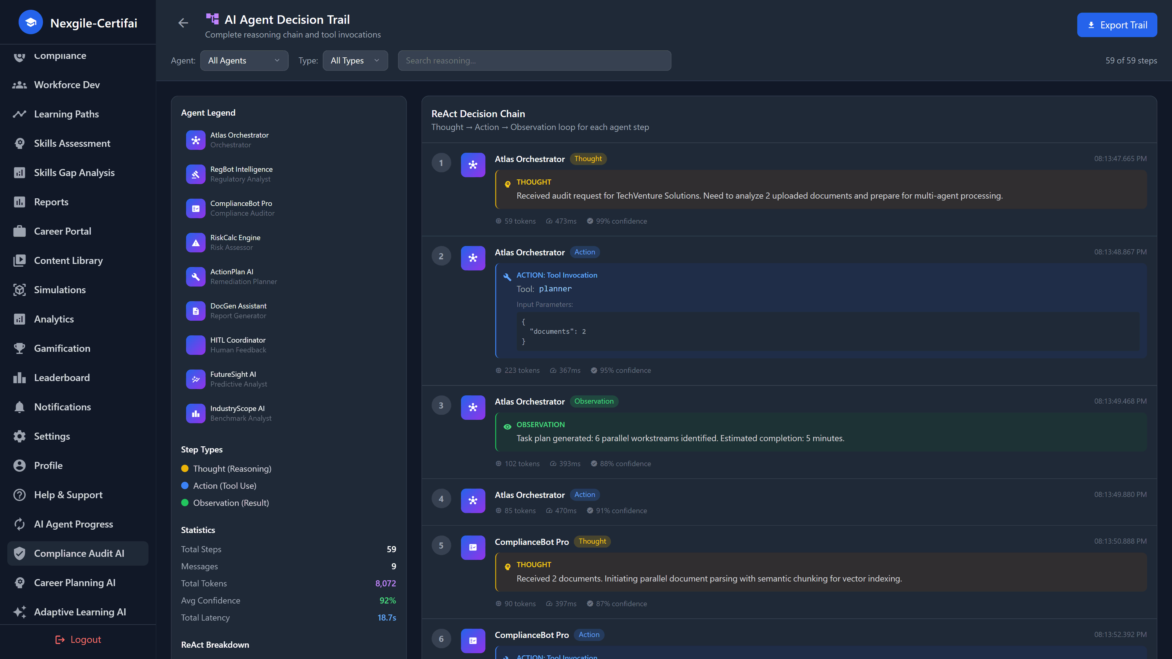 Illustrative preview (sample data, not verified outcomes): AI Agent Decision Trail - Complete reasoning chain with performance metrics
