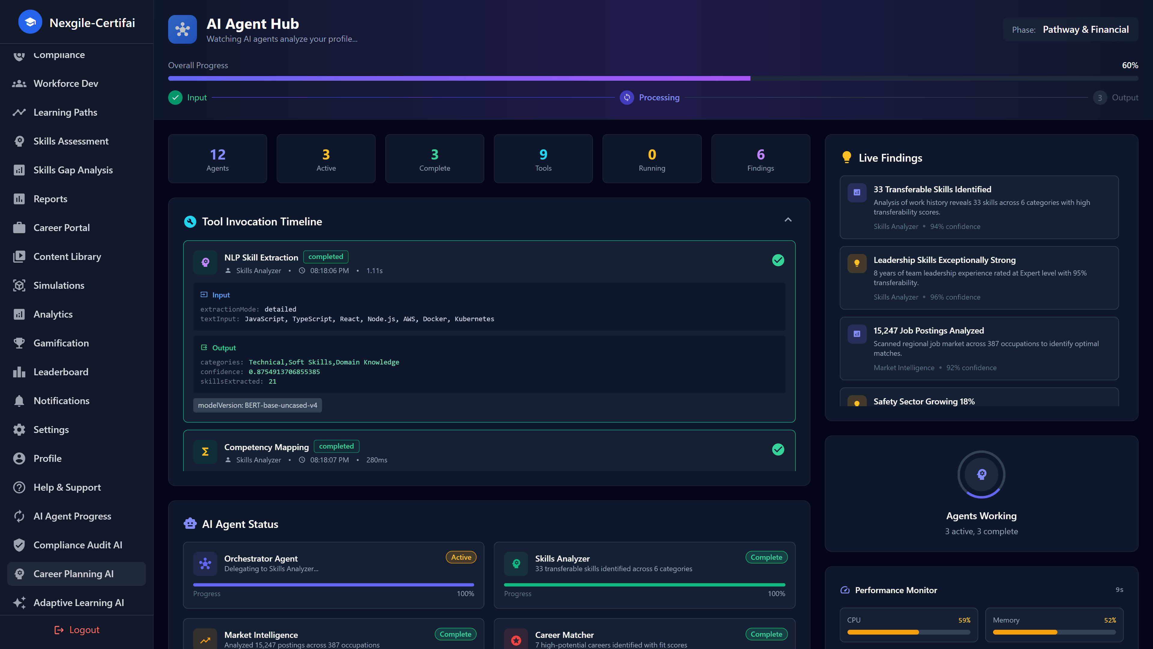 Illustrative preview (sample data, not verified outcomes): AI Agent Hub - Multi-agent career analysis with skills extraction and live findings