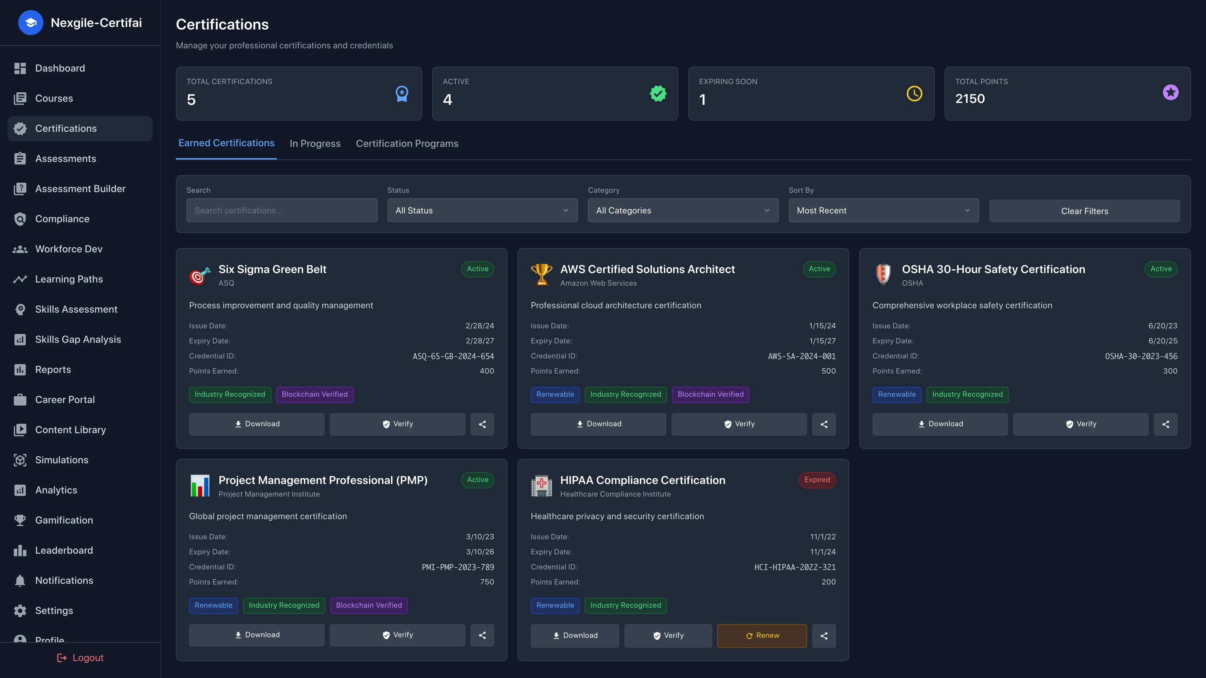 Illustrative preview (sample data, not verified outcomes): Nexgile-Certifai Nexus Certifications Portal