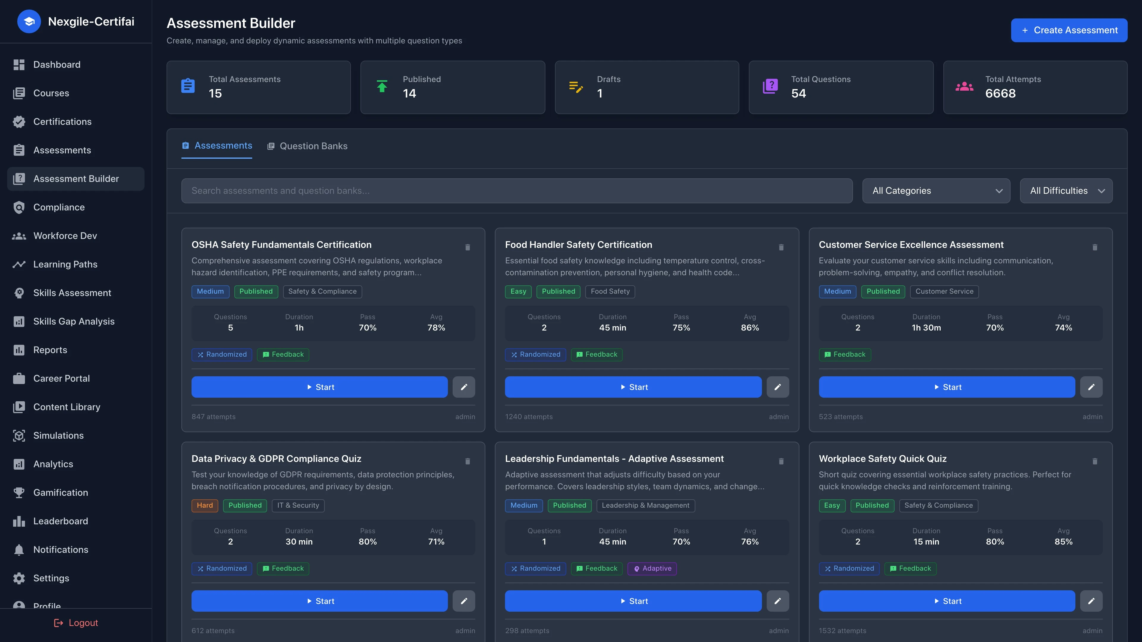 Illustrative preview (sample data, not verified outcomes): Assessment Builder - Create and manage assessments for learner evaluation