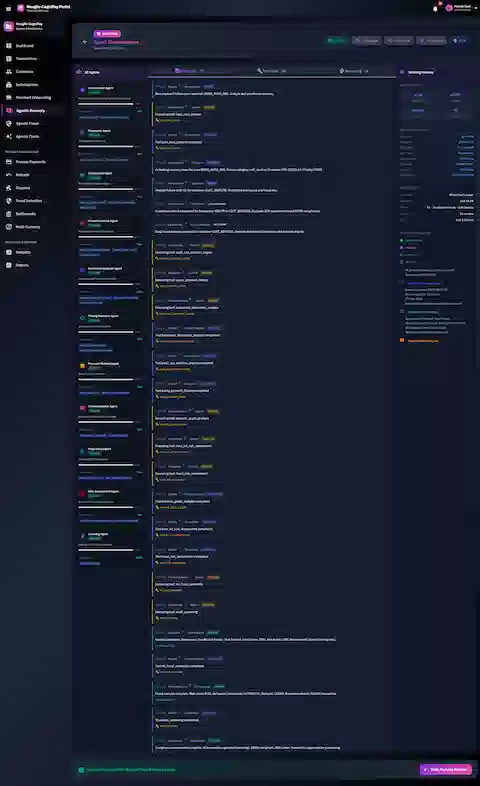 Illustrative preview (sample data, not verified outcomes): Agent Orchestration view showing real-time multi-agent analysis with 11 AI agents processing payment failure, displaying tool invocations timeline, inter-agent messaging, and working memory with case context.