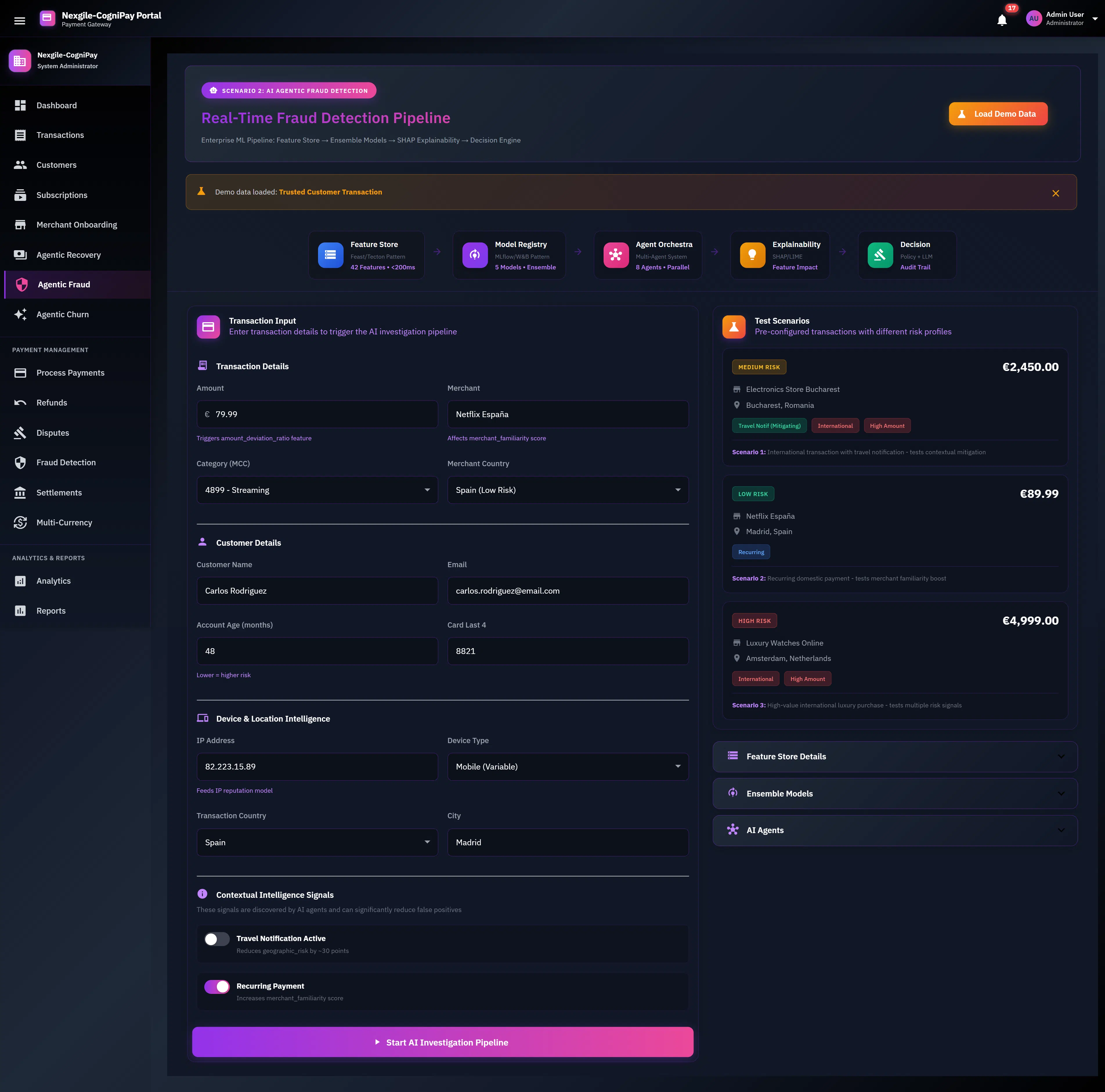 Illustrative preview (sample data, not verified outcomes): Real-Time Fraud Detection Pipeline interface showing transaction input form with customer details, device intelligence, contextual signals, and pre-configured test scenarios across different risk levels for AI investigation.