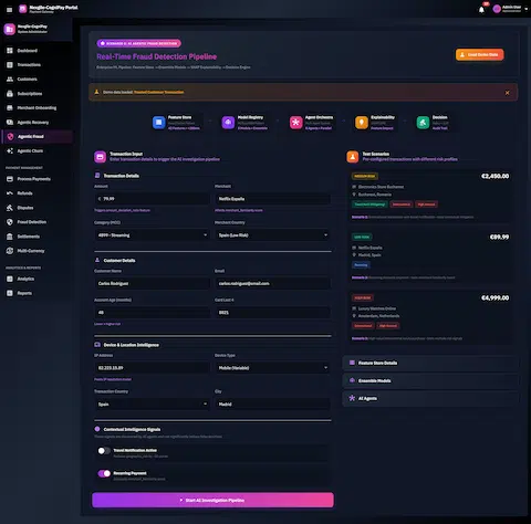 Illustrative preview (sample data, not verified outcomes): Real-Time Fraud Detection Pipeline interface showing transaction input form with customer details, device intelligence, contextual signals, and pre-configured test scenarios across different risk levels for AI investigation.
