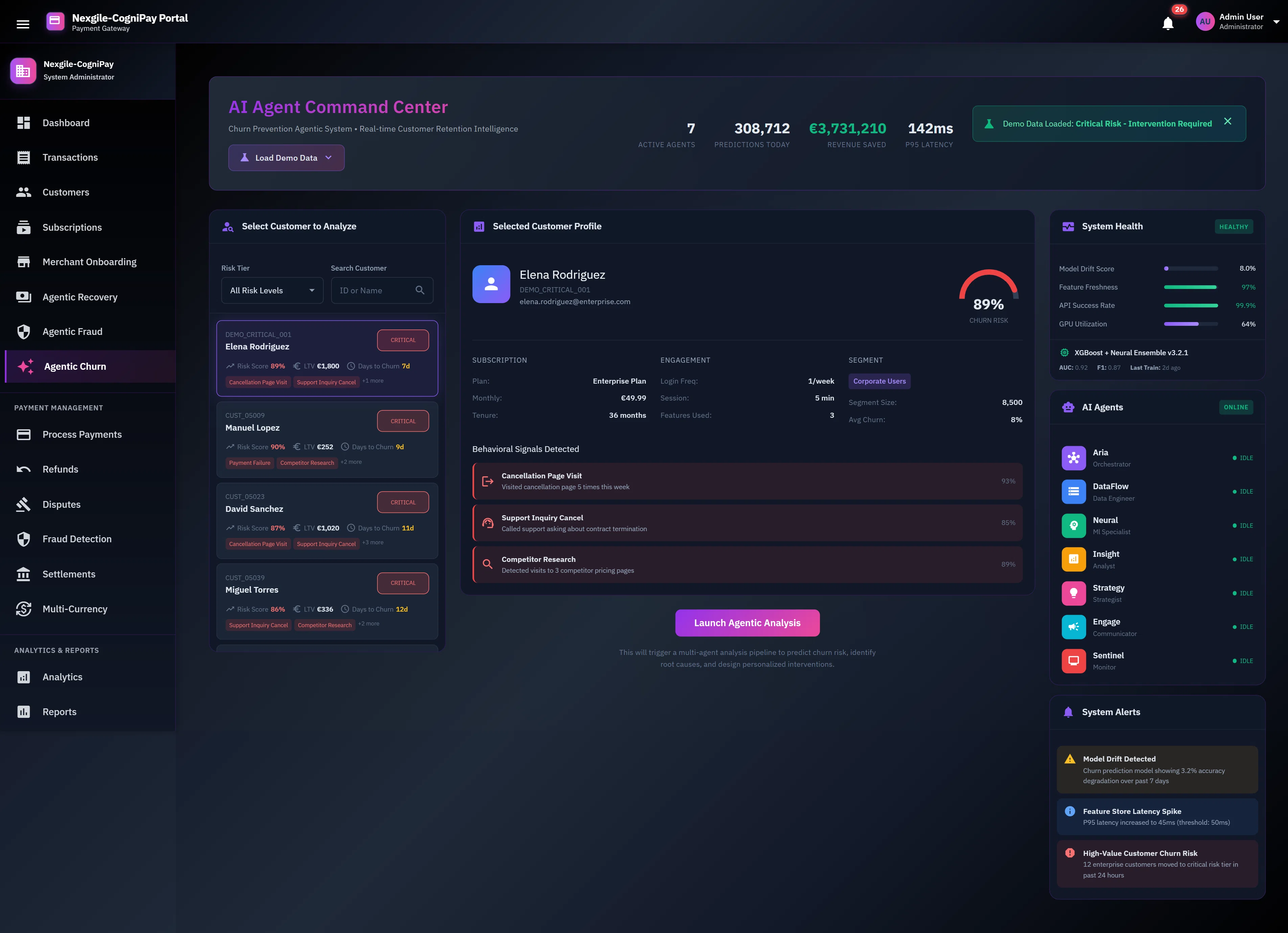 Illustrative preview (sample data, not verified outcomes): AI Agent Command Center displaying customer selection panel with churn risk scores, detailed customer profile with 89% churn probability, behavioral signals detected, system health metrics, and 7 specialized AI agents ready for analysis.