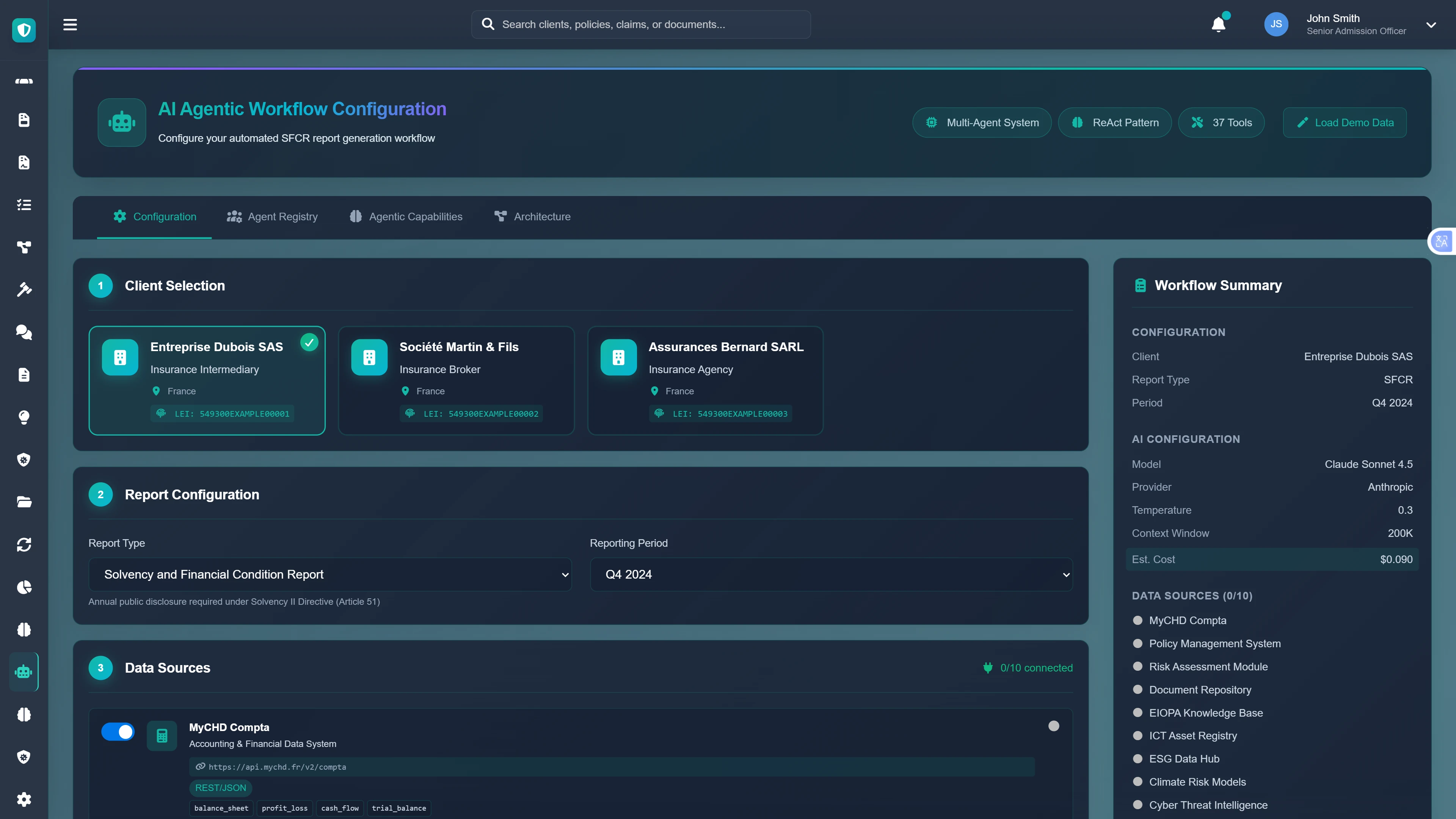 Illustrative preview (sample data, not verified outcomes): SFCR Workflow Configuration - Client selection, report type setup, and data source connections for automated report generation
