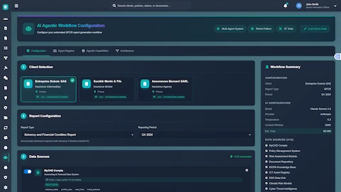 Illustrative preview (sample data, not verified outcomes): SFCR Workflow Configuration - Client selection, report type setup, and data source connections for automated report generation