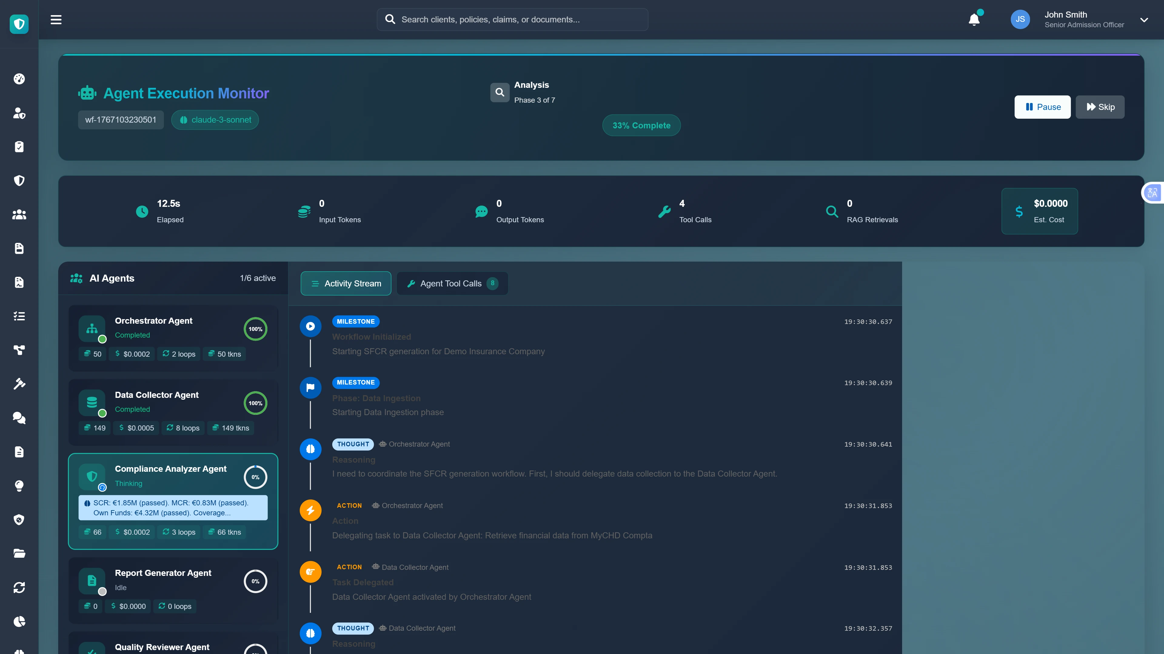 Illustrative preview (sample data, not verified outcomes): Agent Execution Monitor - Real-time view of AI agents orchestrating data collection, compliance validation, and report generation tasks