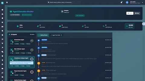 Illustrative preview (sample data, not verified outcomes): Agent Execution Monitor - Real-time view of AI agents orchestrating data collection, compliance validation, and report generation tasks